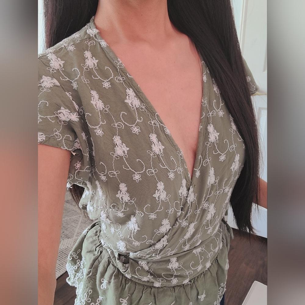 Style Envy Floral Wrap Blouse  in Olive Green